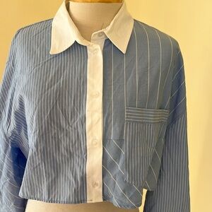 Zara medium blue contrast striped crop shirt .